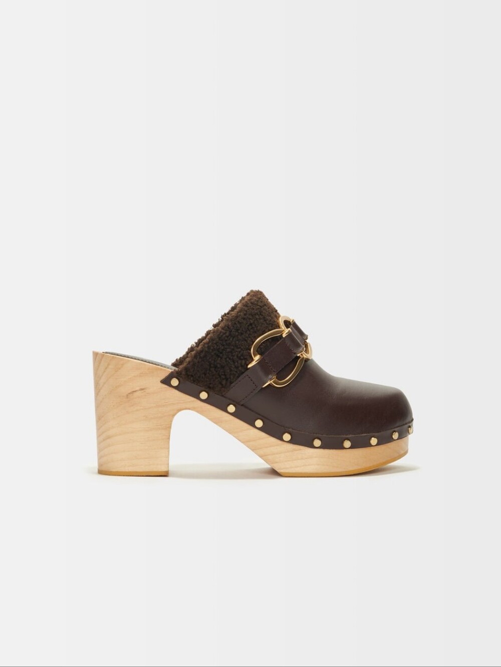 Maje Brown Leather Clogs with Gold Chain Detail